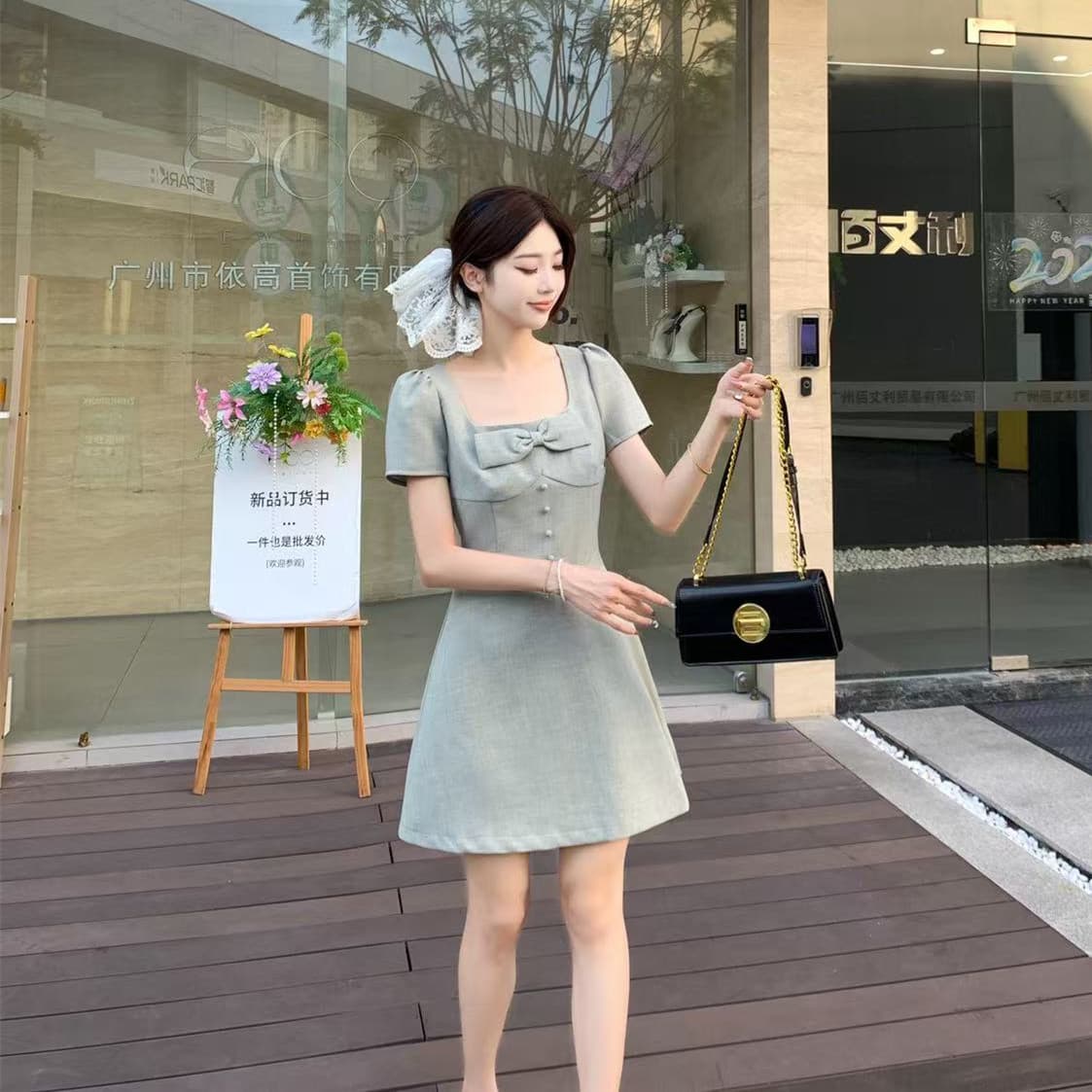 실사 빅 사이즈 여성 의류 품격 다용도 슬림해 보이는 드레스 지방 mm 허리 수축 슬림해 보이는 프랑스식 광장 칼라 나비 매듭 치마 상세 이미지 14