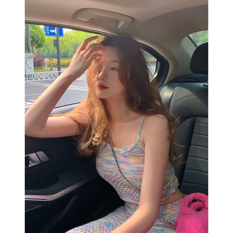 레인보우 색상 뜨개질 캐미솔 달콤한 슬림 피트 슬림 착용 순수한 욕망 바람 빈 치마 아이들 투피스 슈트