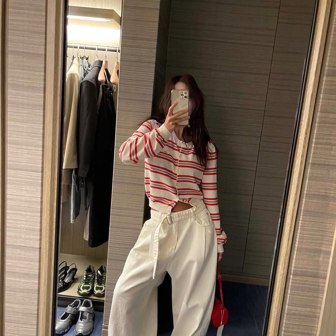 chic 한국 새로운 배색 스트라이프 라운드 넥 부서 버클 부드러운 니트 오픈 가디건 스트라이프 스웨터 이른 가을 여성 이미지 2