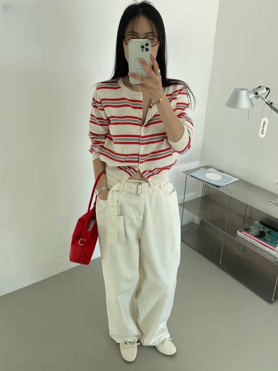 chic 한국 새로운 배색 스트라이프 라운드 넥 부서 버클 부드러운 니트 오픈 가디건 스트라이프 스웨터 이른 가을 여성 상세 이미지 10