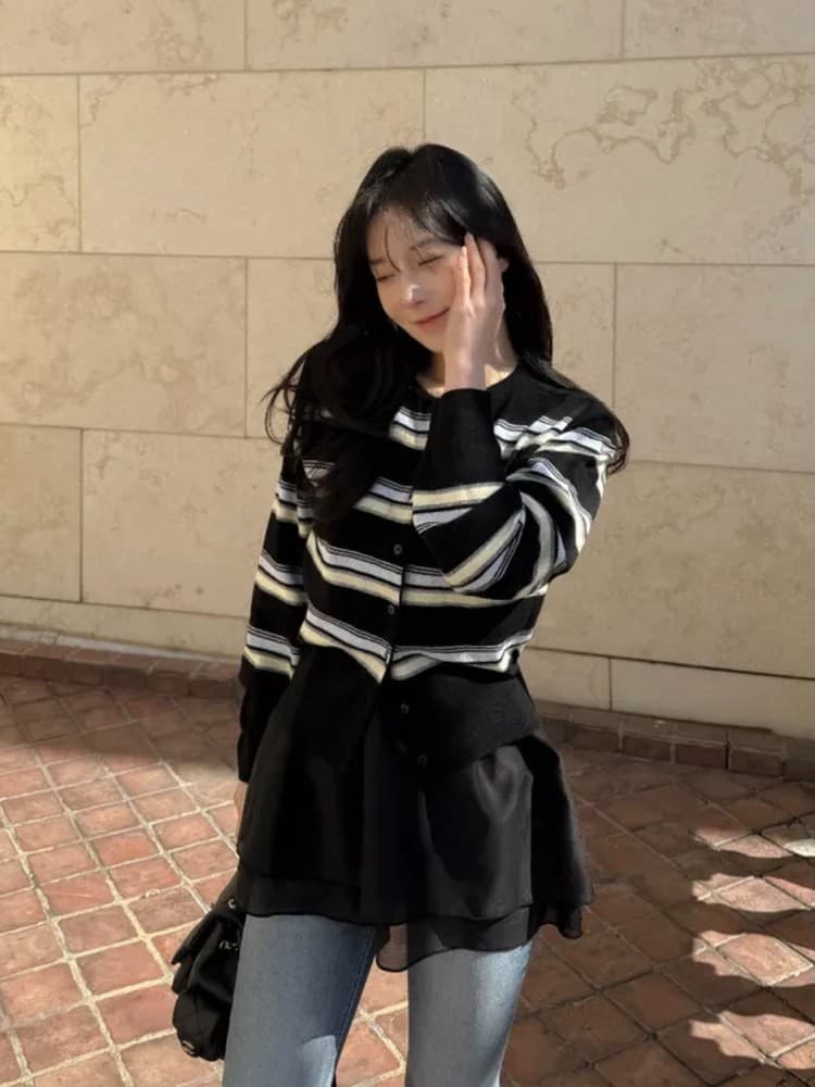 한국 구매 보 주님 같은 단락 스트라이프 니트 오픈 가디건 여성 몸매 가꾸기 슬림해 보이는 쇼트 스타일 재킷 맨위 이미지 2
