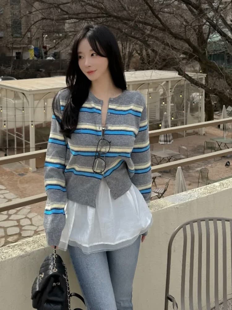 한국 구매 보 주님 같은 단락 스트라이프 니트 오픈 가디건 여성 몸매 가꾸기 슬림해 보이는 쇼트 스타일 재킷 맨위 이미지 4