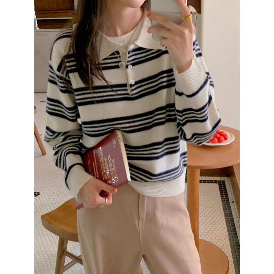 레트로 스트라이프 polo 폴로 칼라 하프 버클 니트 스웨터 맨위 여성 가을 겨울 새로운 루즈핏 슬림해 보이는 다용도 한 부서 스웨터