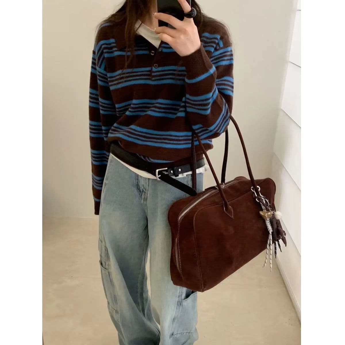 레트로 스트라이프 polo 폴로 칼라 하프 버클 니트 스웨터 맨위 여성 가을 겨울 새로운 루즈핏 슬림해 보이는 다용도 한 부서 스웨터 상세 이미지 3