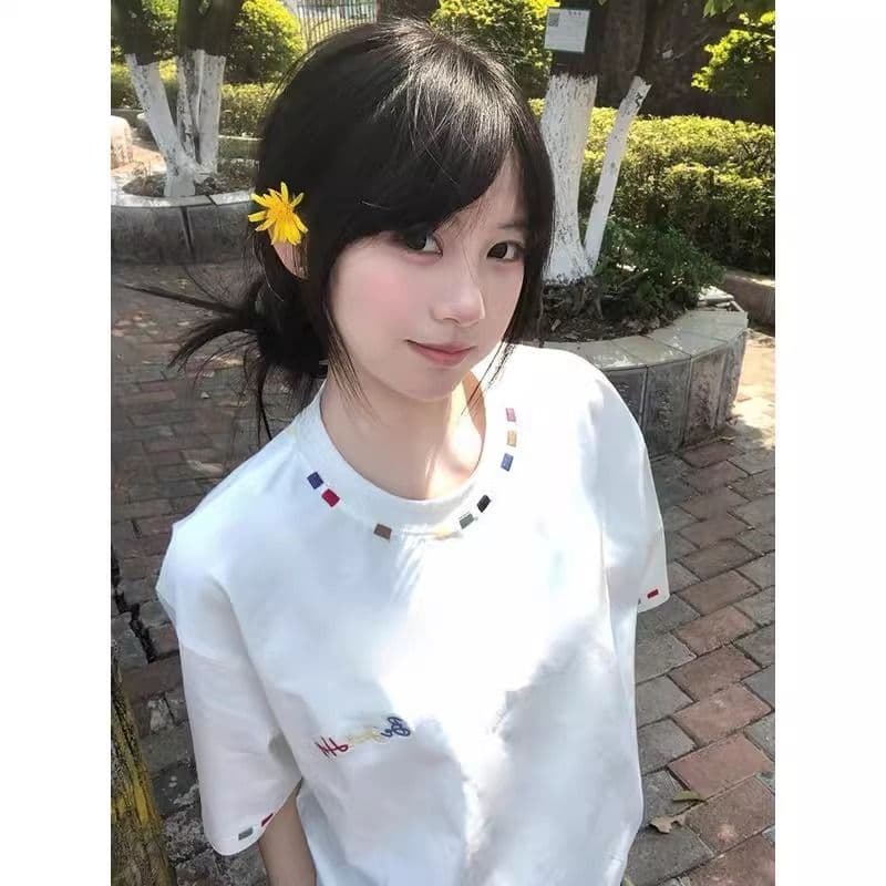 순면 240 그램 원본 자수 품질 업그레이드 트렌드 긍정적 인 어깨 루즈핏 중간 길이 가시 자수 라운드 넥 맨위 여성 의류 이미지 5