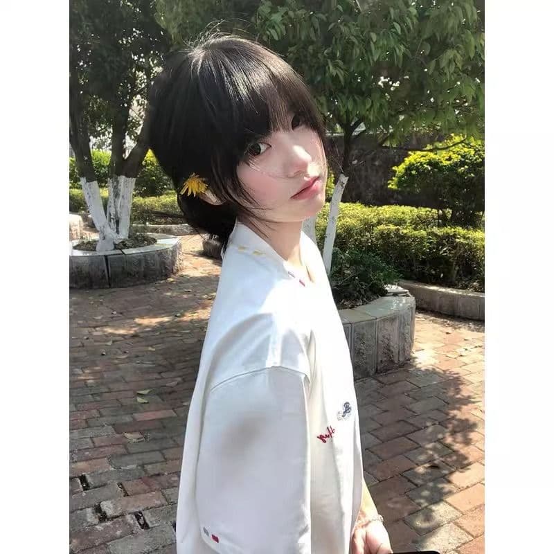 순면 240 그램 원본 자수 품질 업그레이드 트렌드 긍정적 인 어깨 루즈핏 중간 길이 가시 자수 라운드 넥 맨위 여성 의류 이미지 3