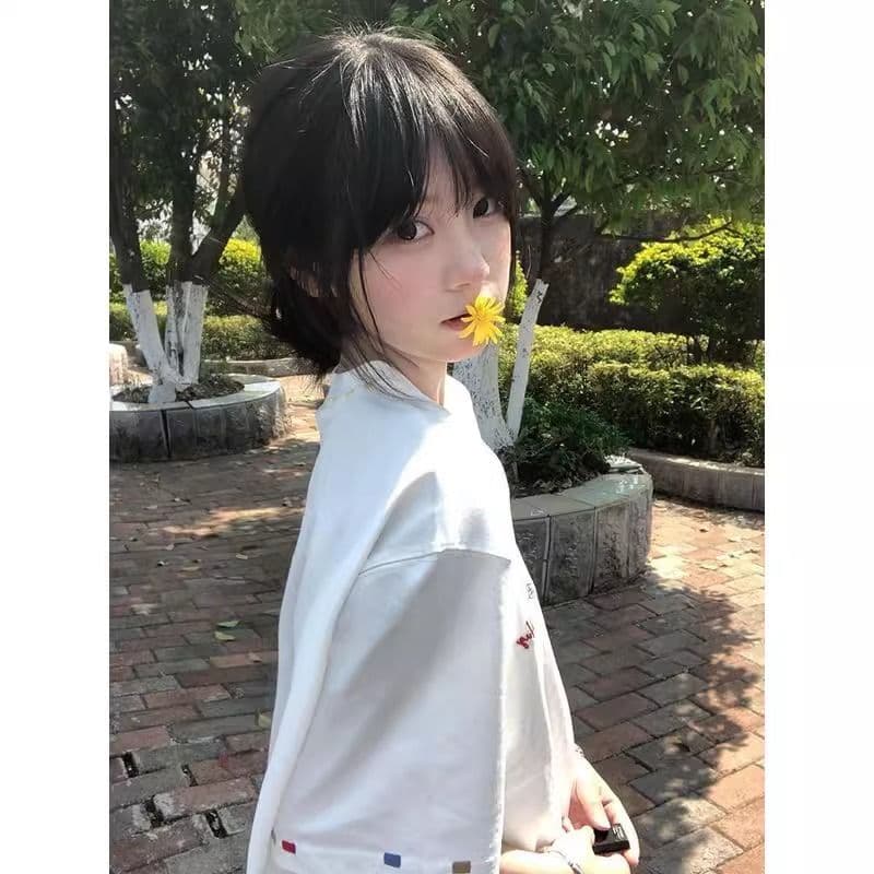 순면 240 그램 원본 자수 품질 업그레이드 트렌드 긍정적 인 어깨 루즈핏 중간 길이 가시 자수 라운드 넥 맨위 여성 의류 이미지 4