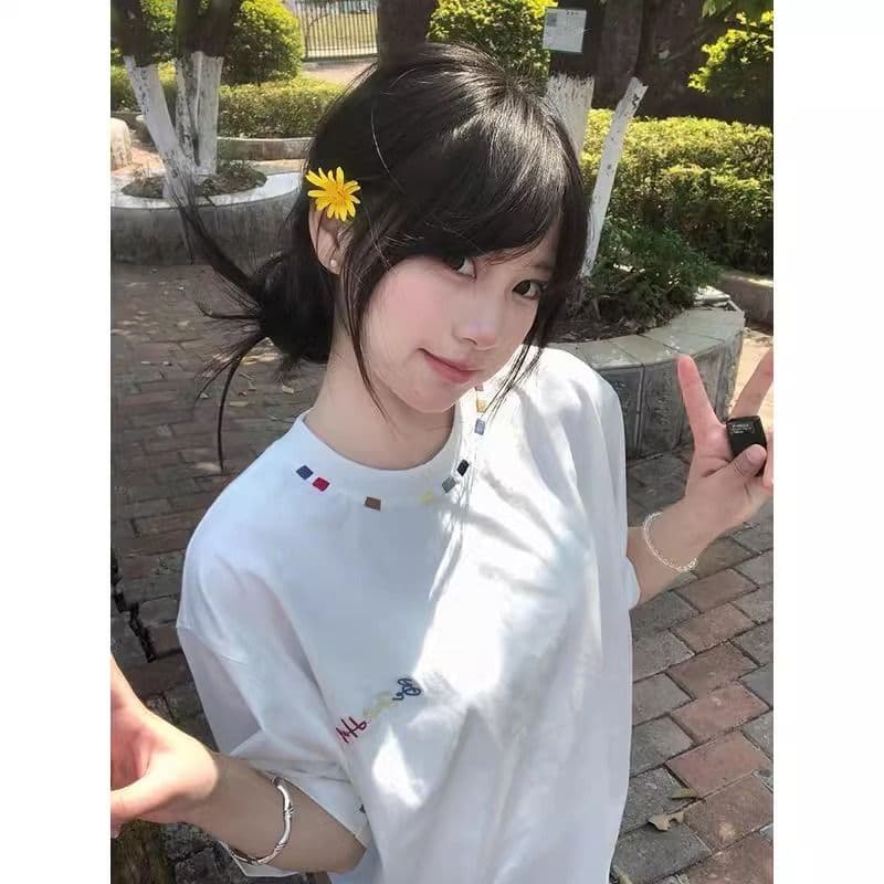 순면 240 그램 원본 자수 품질 업그레이드 트렌드 긍정적 인 어깨 루즈핏 중간 길이 가시 자수 라운드 넥 맨위 여성 의류