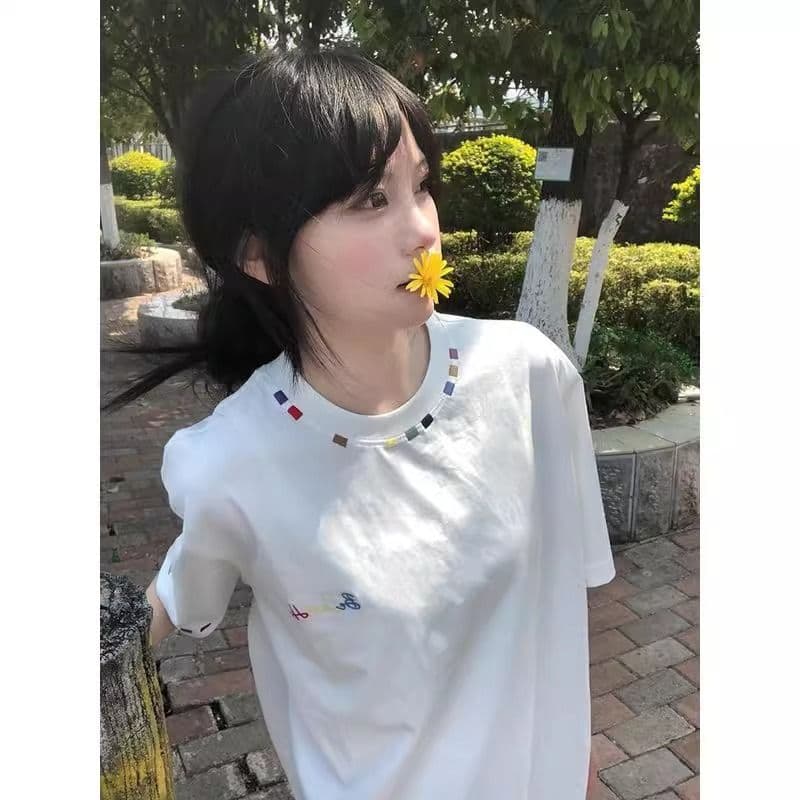 순면 240 그램 원본 자수 품질 업그레이드 트렌드 긍정적 인 어깨 루즈핏 중간 길이 가시 자수 라운드 넥 맨위 여성 의류 상세 이미지 5