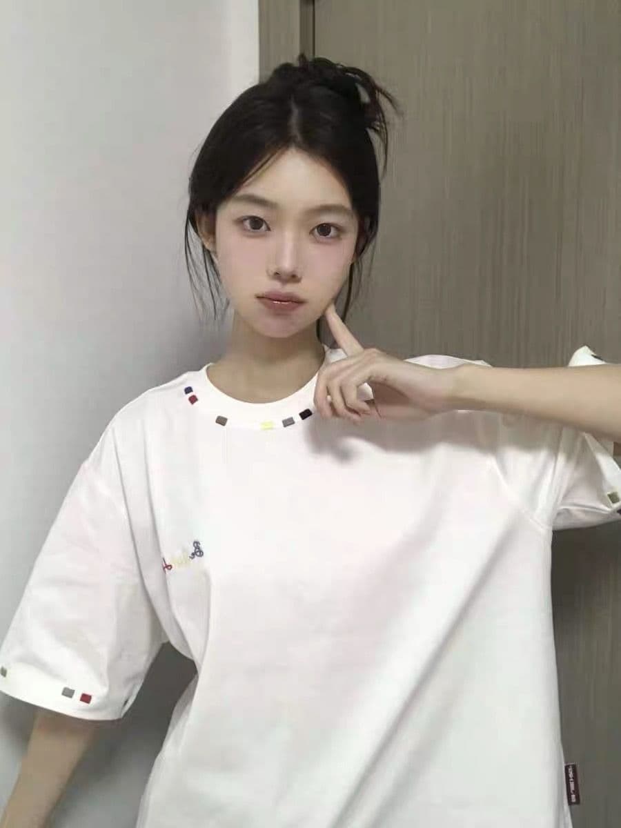 순면 240 그램 원본 자수 품질 업그레이드 자수 알파벳 티셔츠 반팔 여성 여름 드레스 여름 루즈핏 아메리칸 이미지 2