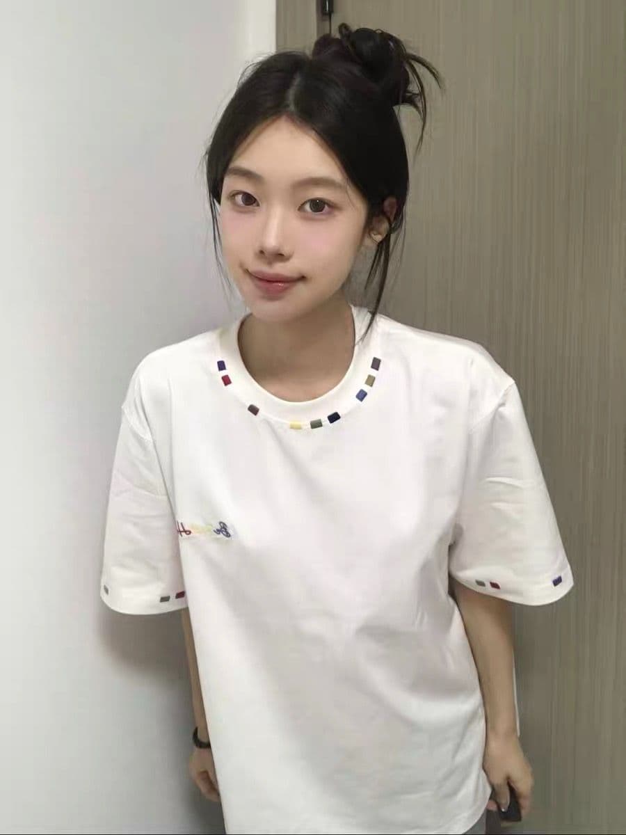 순면 240 그램 원본 자수 품질 업그레이드 자수 알파벳 티셔츠 반팔 여성 여름 드레스 여름 루즈핏 아메리칸 상세 이미지 3