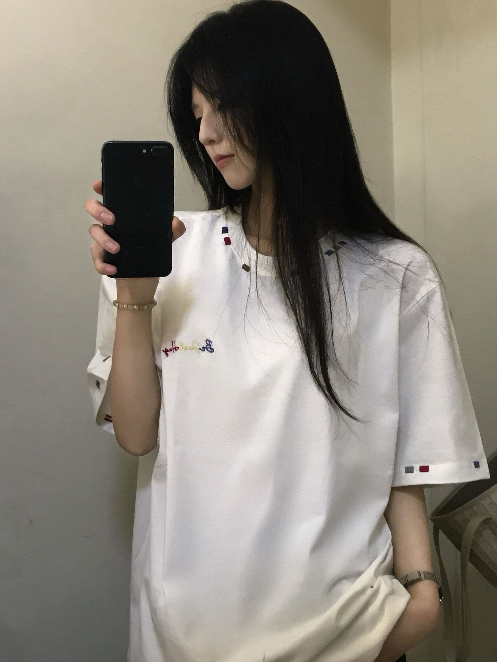 순면 240 그램 원본 자수 품질 업그레이드 여름 폭발 캐주얼 미니멀리즘 바람 루즈핏 디자인 반팔 티셔츠 여성 상세 이미지 4