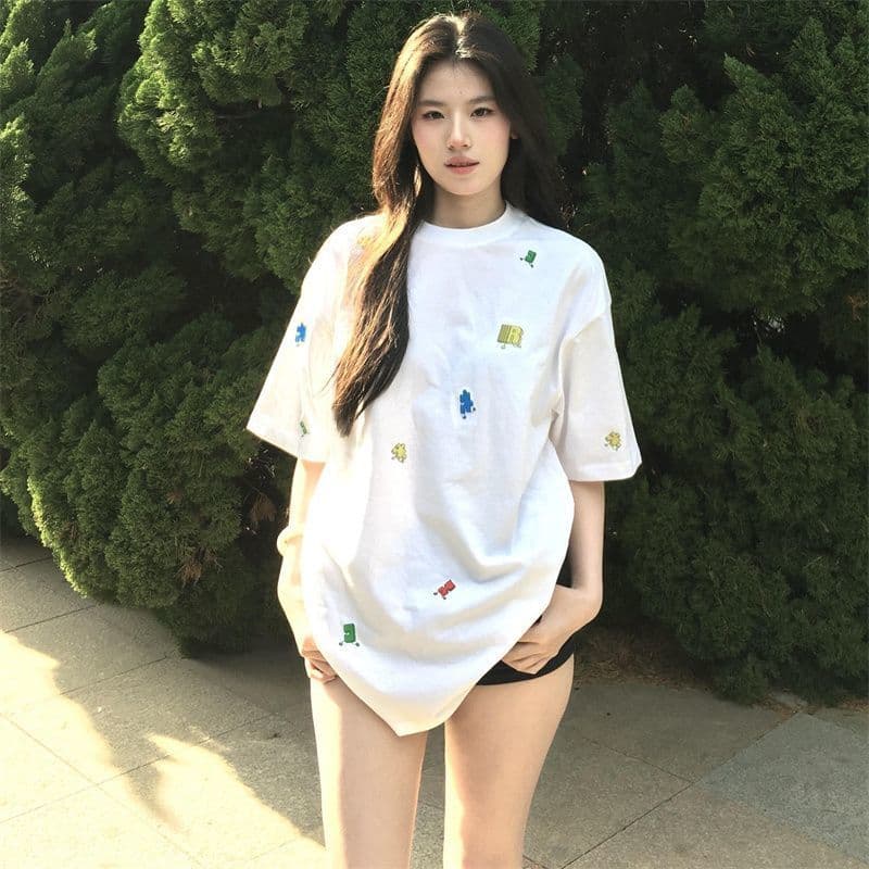 순면 240 그램 원본 자수 품질 업그레이드 아메리칸 다용도 디자인 새로운 여름 반팔 티셔츠 맨위 여성 이미지 3