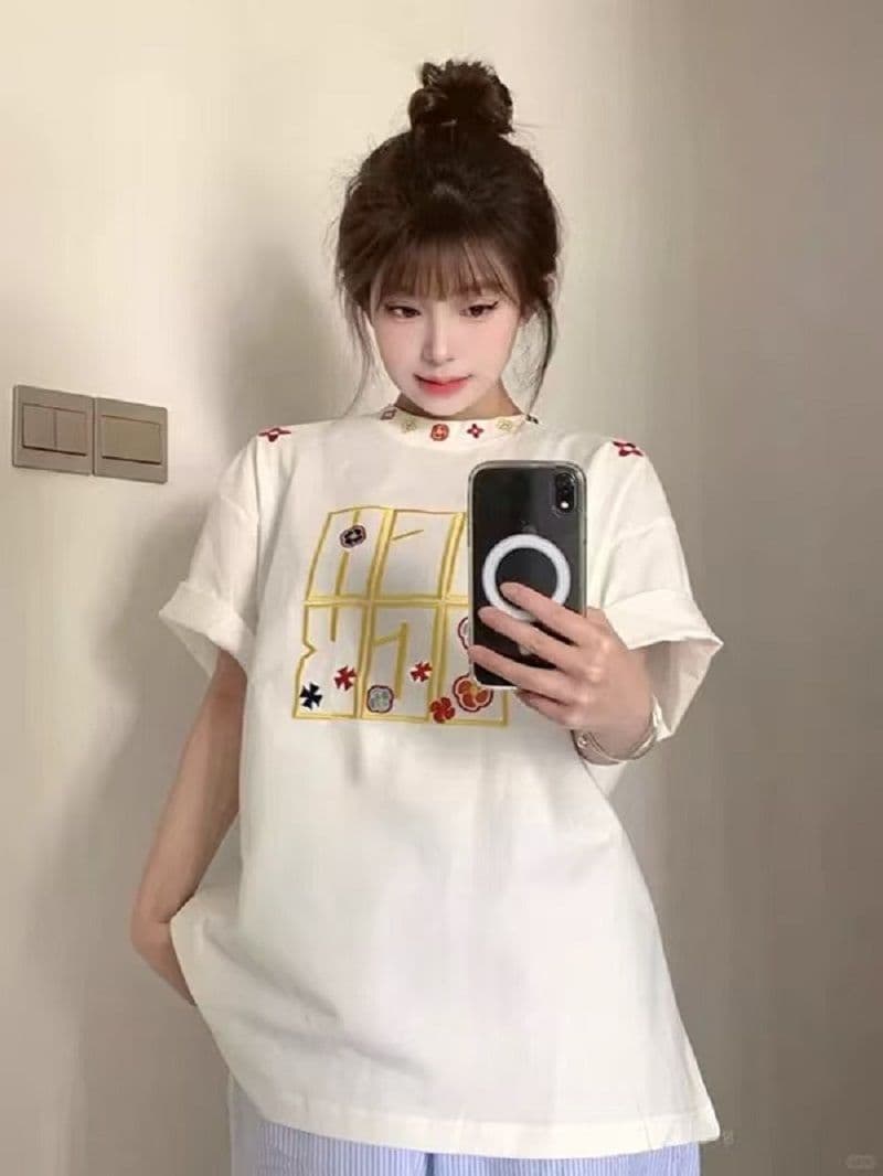순면 240 그램 원본 자수 품질 업그레이드 아메리칸 캐주얼 디자인 여름 새로운 다용도 패션 반팔 티셔츠 이미지 3