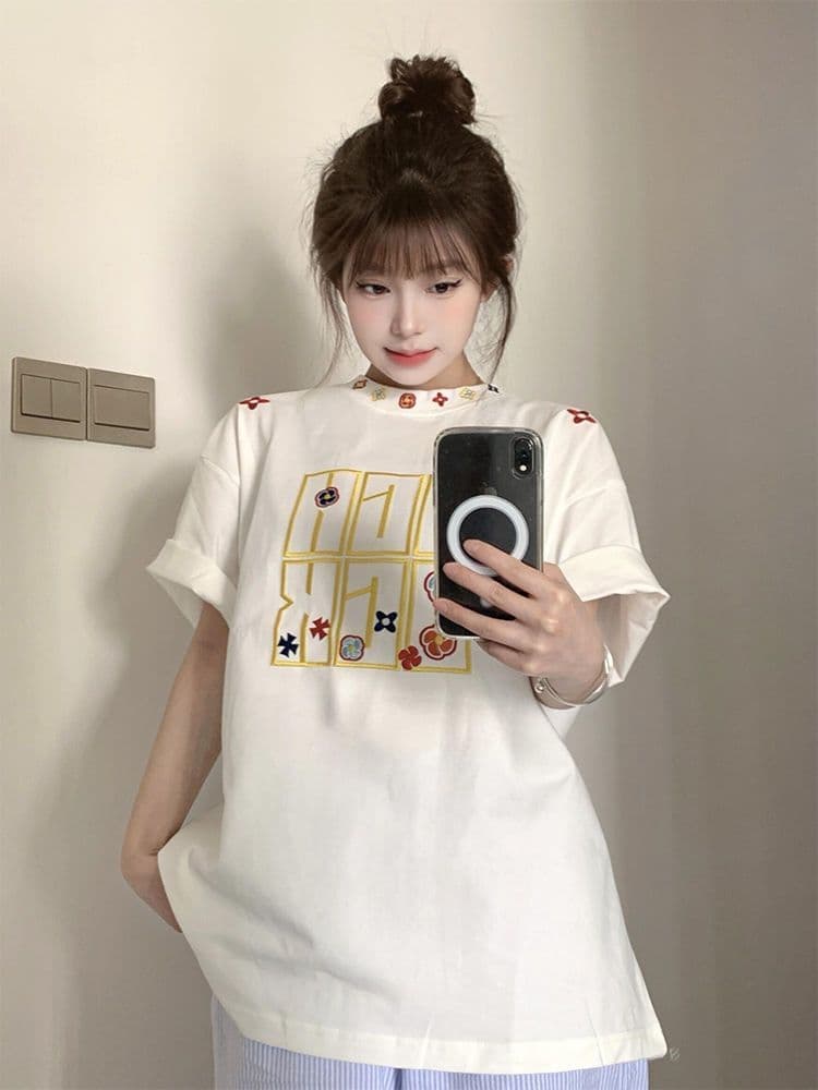 순면 240 그램 원본 자수 품질 업그레이드 아메리칸 캐주얼 디자인 여름 새로운 다용도 패션 반팔 티셔츠 상세 이미지 7