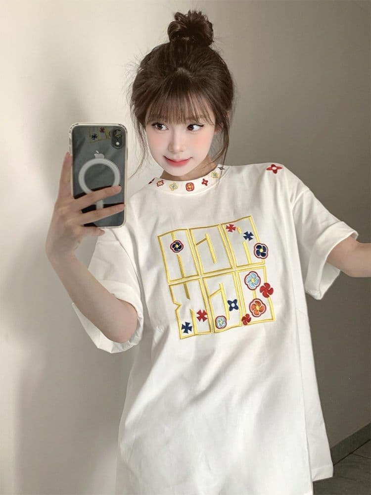 순면 240 그램 원본 자수 품질 업그레이드 아메리칸 캐주얼 디자인 여름 새로운 다용도 패션 반팔 티셔츠 상세 이미지 9