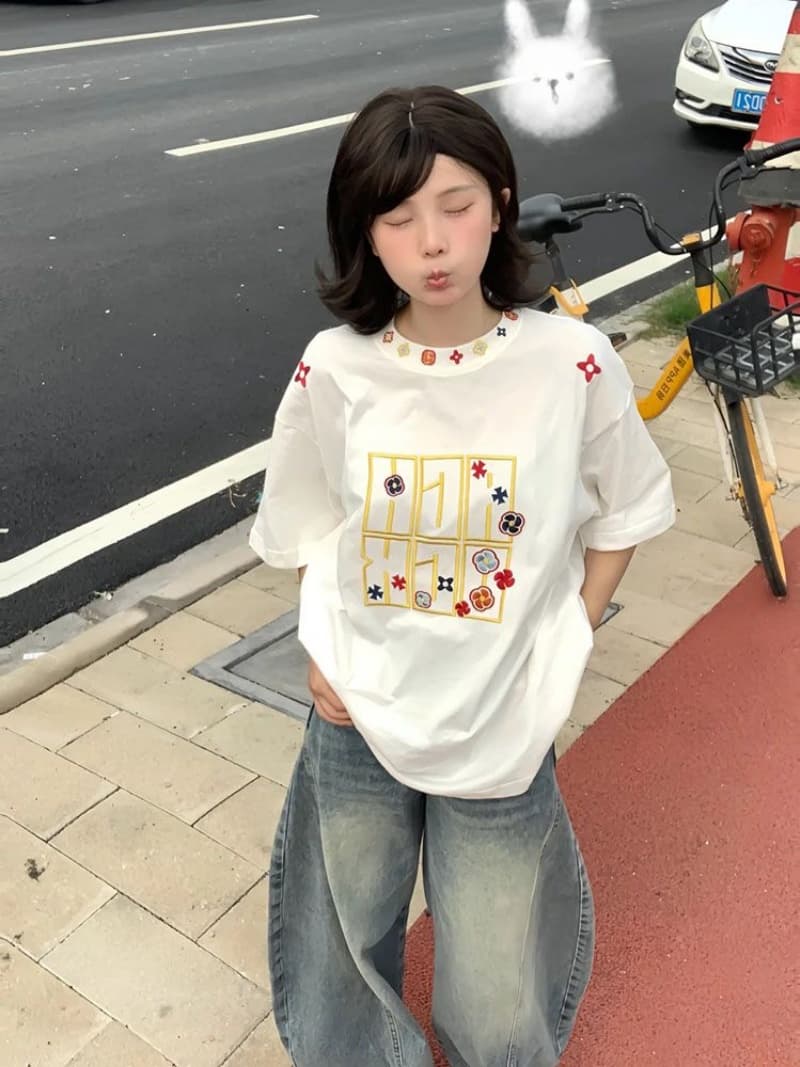 순면 240 그램 원본 자수 품질 업그레이드 자수 알파벳 작은 대중 oversize 루즈핏 반팔 티셔츠 맨위 상세 이미지 2