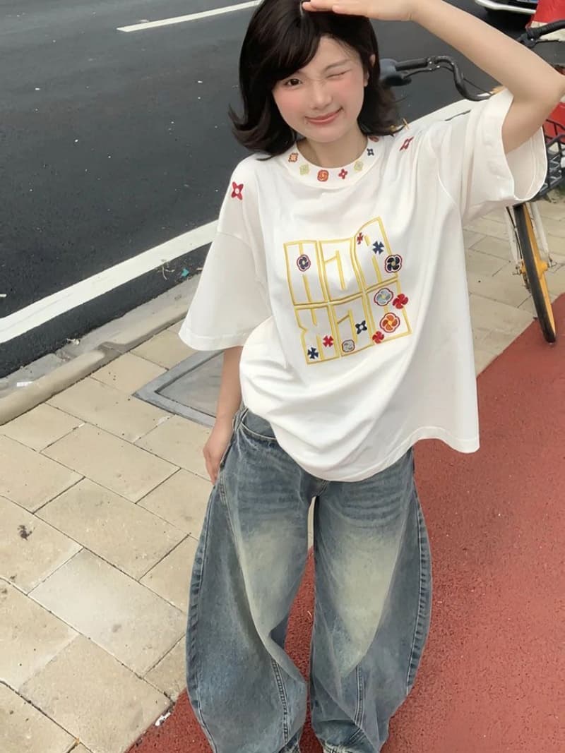 순면 240 그램 원본 자수 품질 업그레이드 자수 알파벳 작은 대중 oversize 루즈핏 반팔 티셔츠 맨위 상세 이미지 6