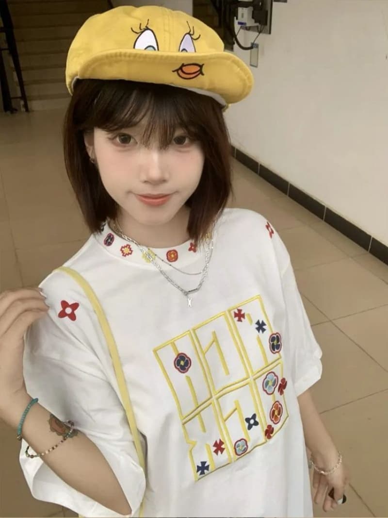순면 240 그램 원본 자수 품질 업그레이드 아메리칸 디자인 여름 새로운 패션 다용도 루즈핏 반팔 여성 이미지 2