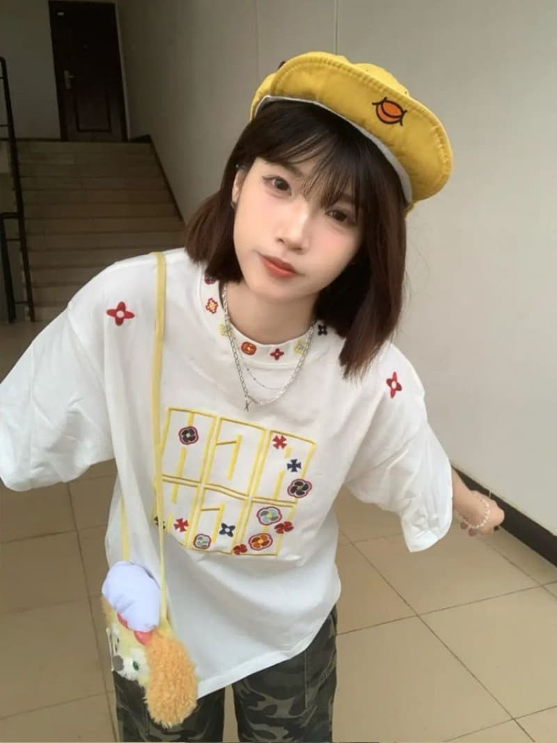 순면 240 그램 원본 자수 품질 업그레이드 아메리칸 디자인 여름 새로운 패션 다용도 루즈핏 반팔 여성 이미지 4