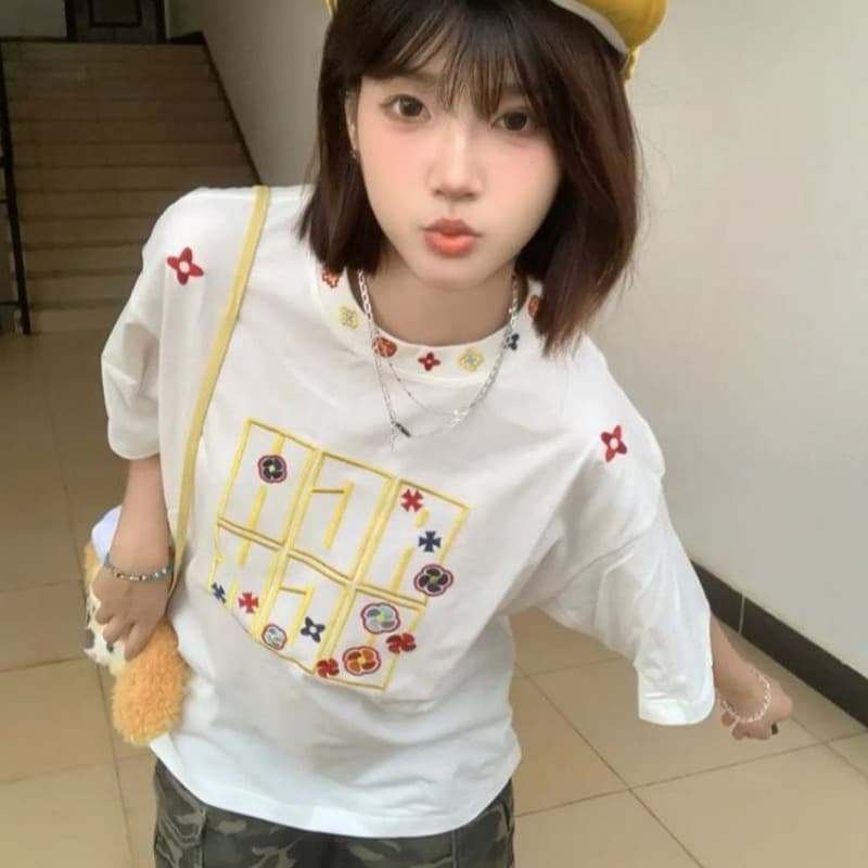 순면 240 그램 원본 자수 품질 업그레이드 아메리칸 디자인 여름 새로운 패션 다용도 루즈핏 반팔 여성 이미지 5