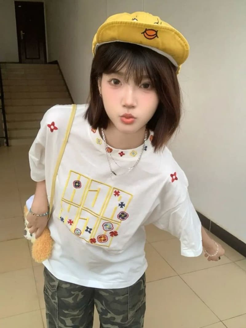 순면 240 그램 원본 자수 품질 업그레이드 아메리칸 디자인 여름 새로운 패션 다용도 루즈핏 반팔 여성 상세 이미지 6