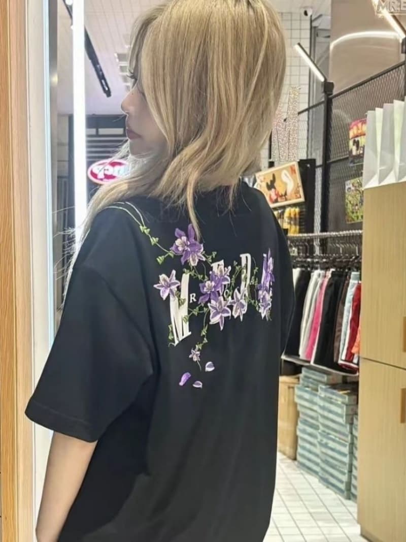 순면 240 그램 원본 자수 품질 업그레이드 아메리칸 꽃 디자인 라운드 넥 반팔 티셔츠 여름 루즈핏 맨위 상세 이미지 3