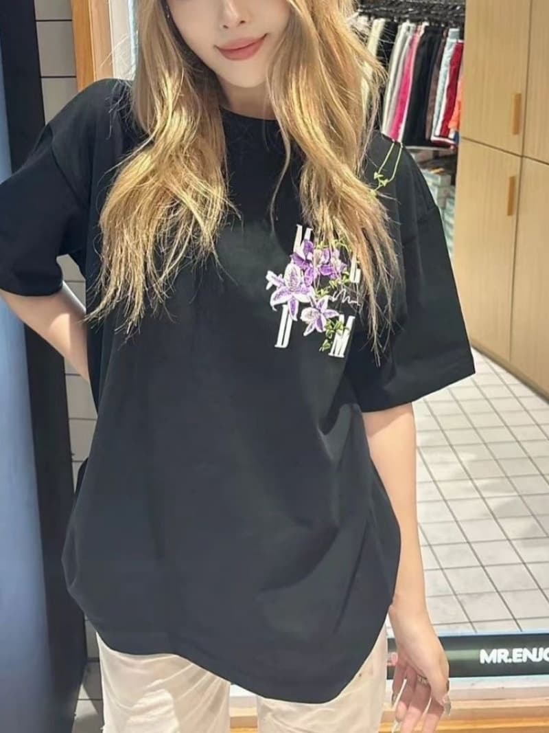 순면 240 그램 원본 자수 품질 업그레이드 아메리칸 꽃 디자인 라운드 넥 반팔 티셔츠 여름 루즈핏 맨위 상세 이미지 4