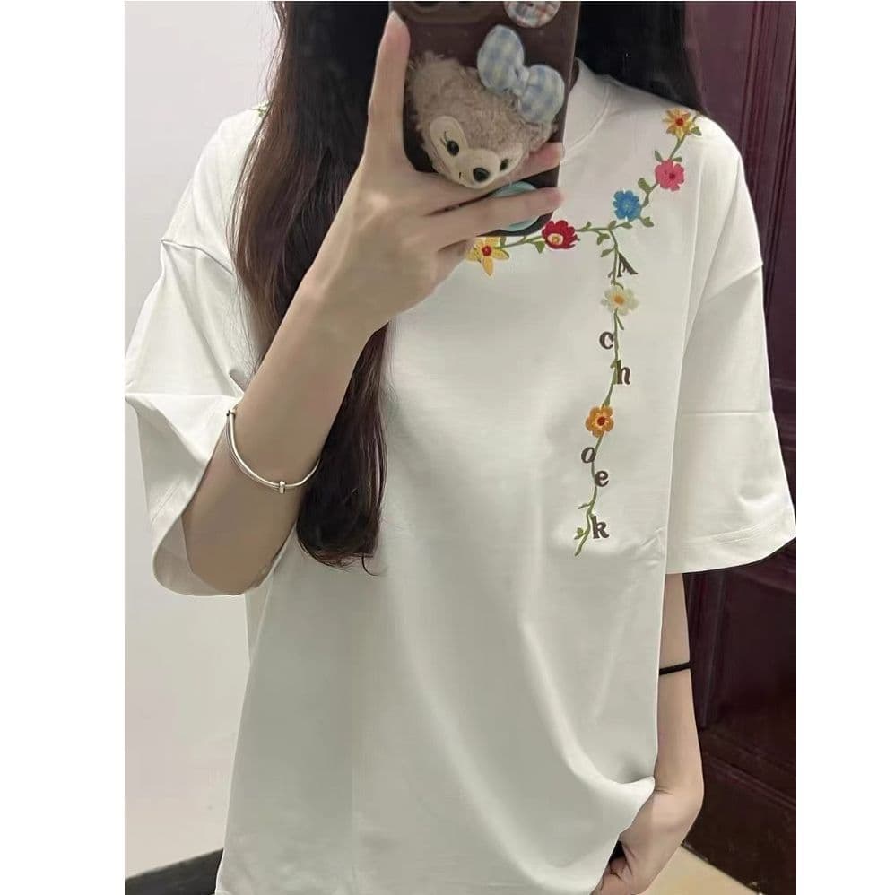 순면 240 그램 원본 자수 품질 업그레이드 새로운 디자인 라운드 넥 레이스 와이드 다용도 여름 반팔 티셔츠