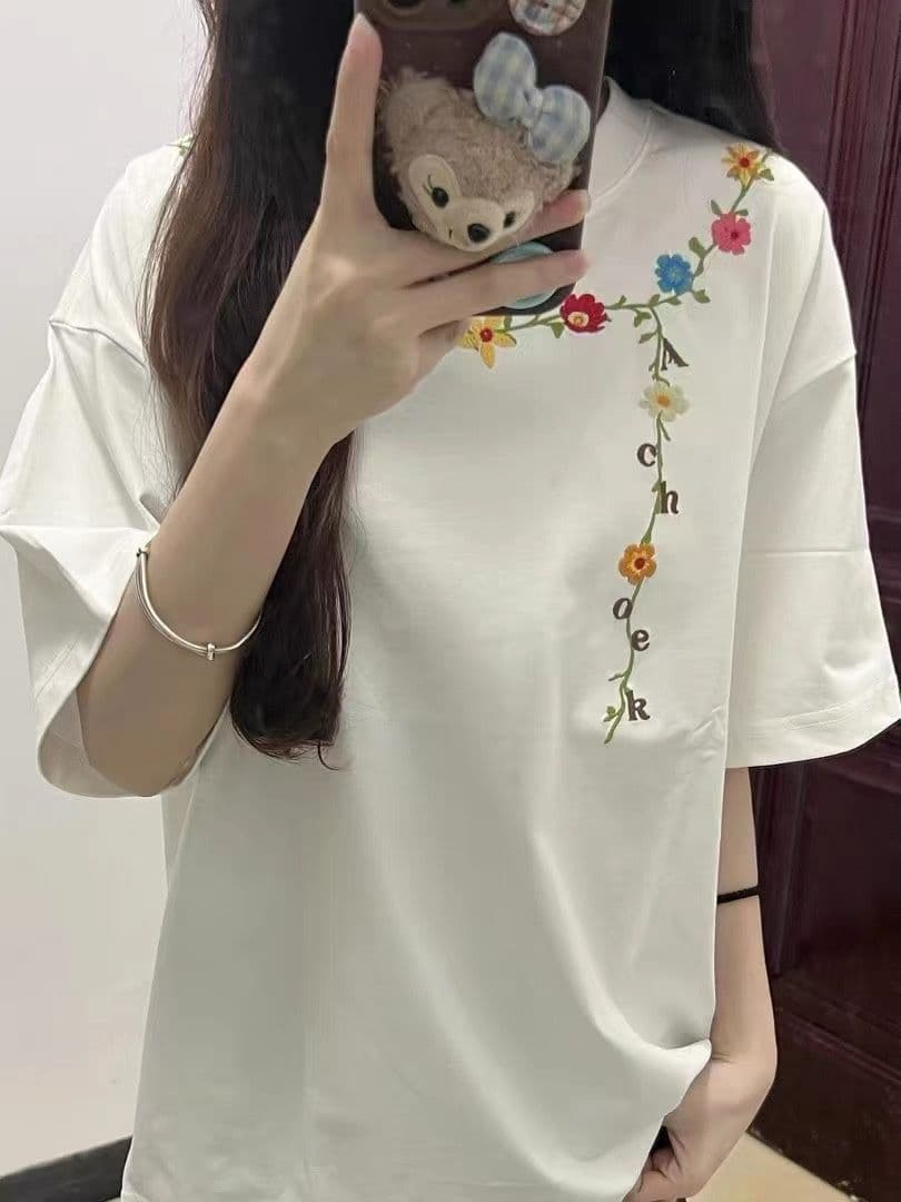 순면 240 그램 원본 자수 품질 업그레이드 새로운 디자인 라운드 넥 레이스 와이드 다용도 여름 반팔 티셔츠 상세 이미지 6