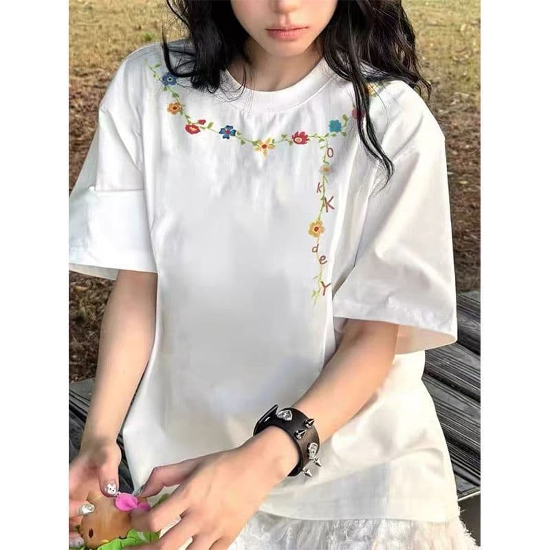 순면 240 그램 원본 자수 품질 업그레이드 2026 폭발 디자인 레이스 라운드 넥 루즈핏 티셔츠 여름 커플 이미지 2