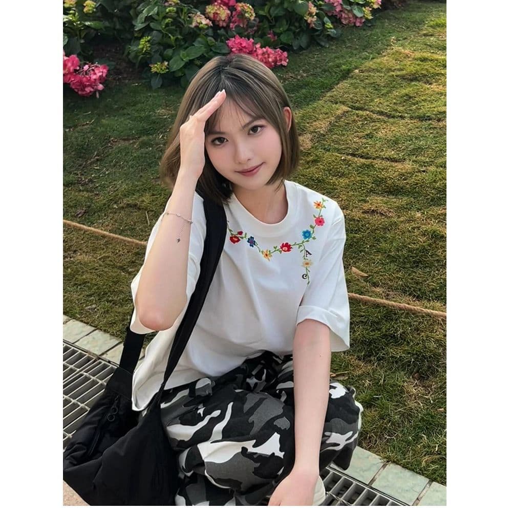 순면 240 그램 원본 자수 품질 업그레이드 새로운 레이스 디자인 루즈핏 반팔 여름 폭발 시간 아직도 느낌 이미지 5