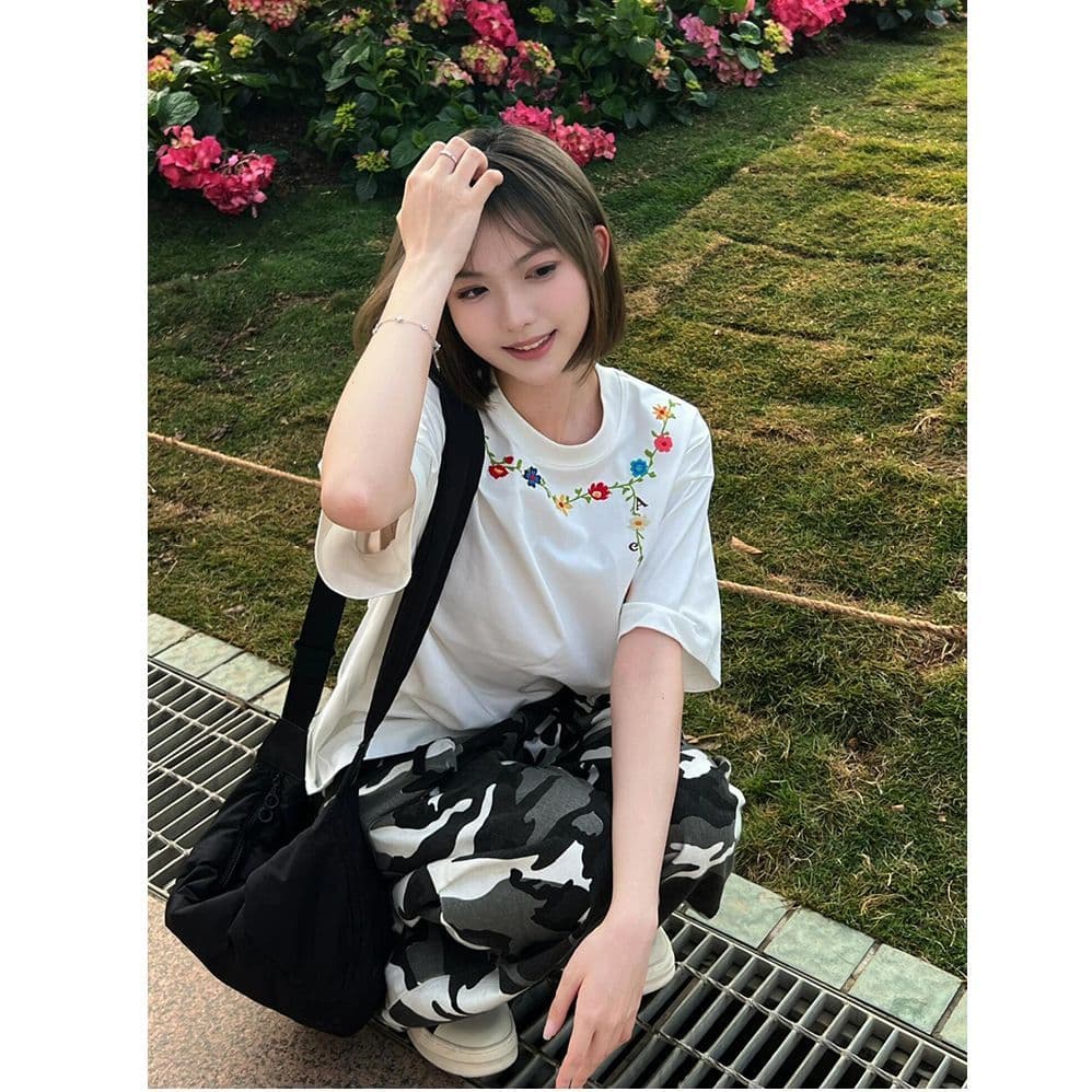 순면 240 그램 원본 자수 품질 업그레이드 새로운 레이스 디자인 루즈핏 반팔 여름 폭발 시간 아직도 느낌 이미지 2