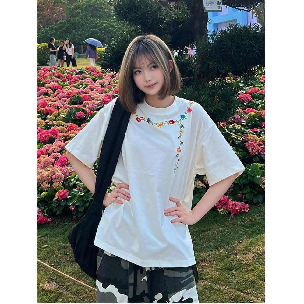 순면 240 그램 원본 자수 품질 업그레이드 새로운 레이스 디자인 루즈핏 반팔 여름 폭발 시간 아직도 느낌