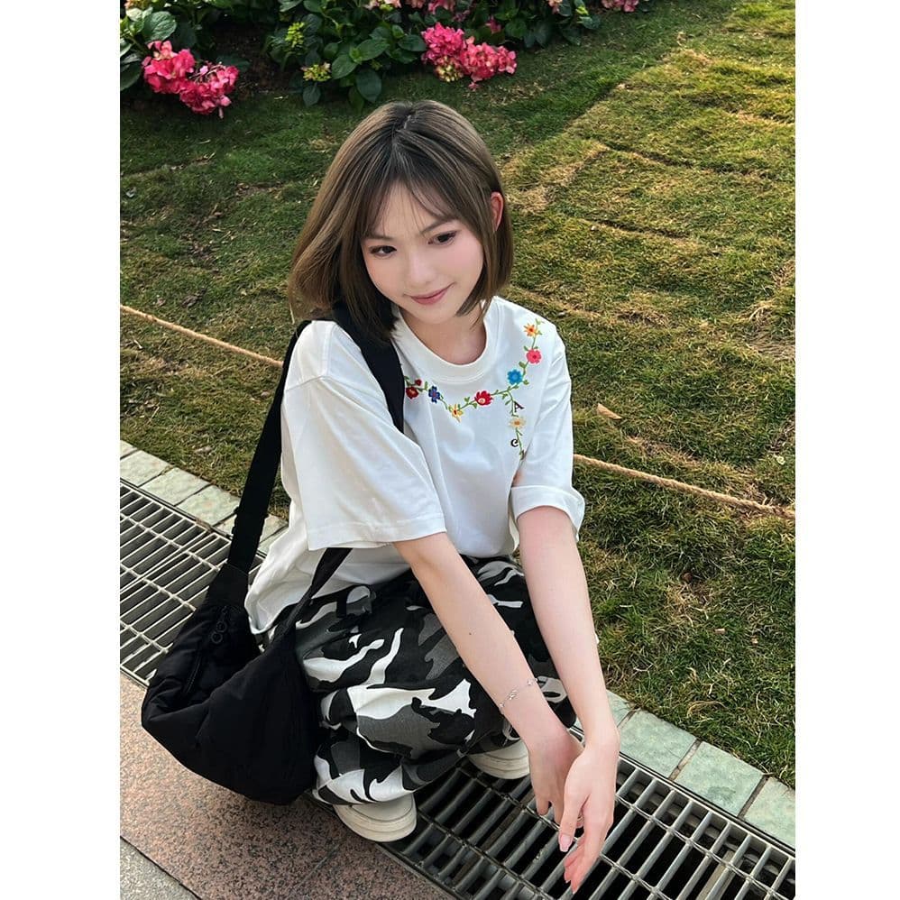 순면 240 그램 원본 자수 품질 업그레이드 새로운 레이스 디자인 루즈핏 반팔 여름 폭발 시간 아직도 느낌 이미지 4
