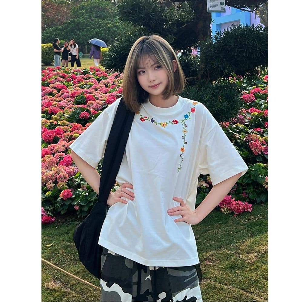 순면 240 그램 원본 자수 품질 업그레이드 새로운 레이스 디자인 루즈핏 반팔 여름 폭발 시간 아직도 느낌 이미지 3