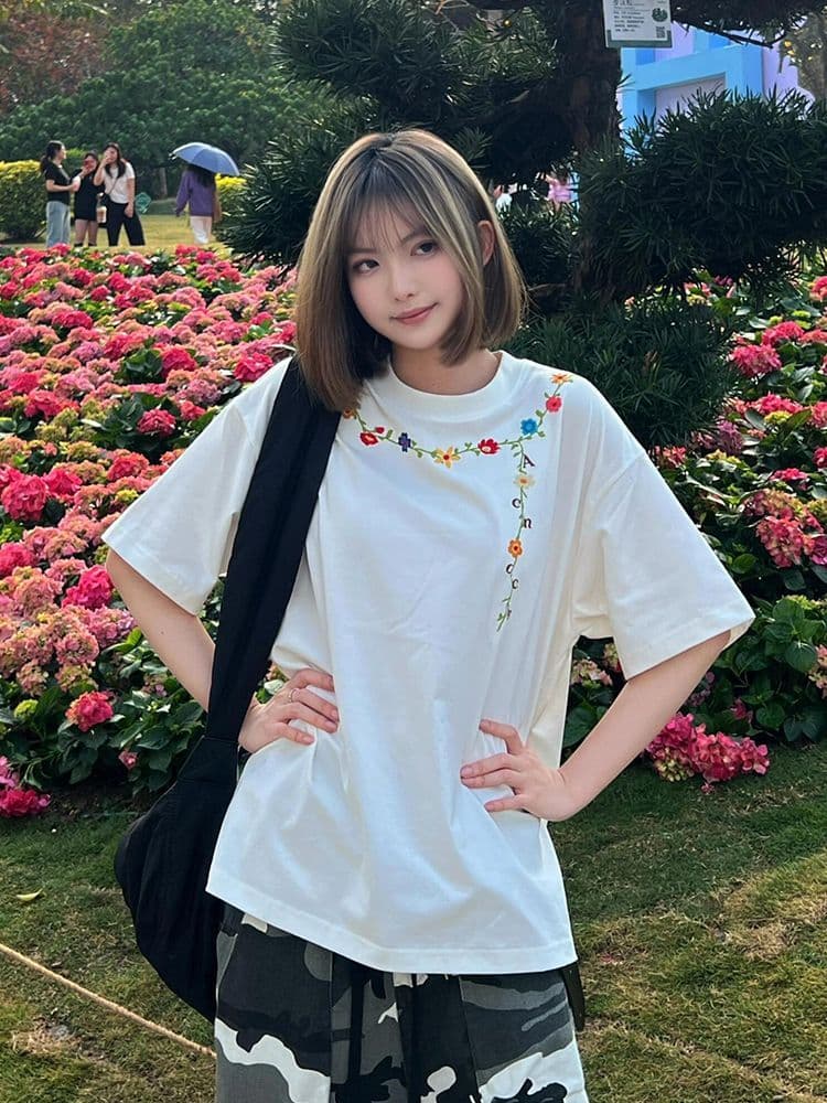 순면 240 그램 원본 자수 품질 업그레이드 새로운 레이스 디자인 루즈핏 반팔 여름 폭발 시간 아직도 느낌 상세 이미지 2