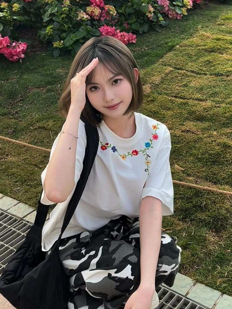 순면 240 그램 원본 자수 품질 업그레이드 새로운 레이스 디자인 루즈핏 반팔 여름 폭발 시간 아직도 느낌 상세 이미지 3