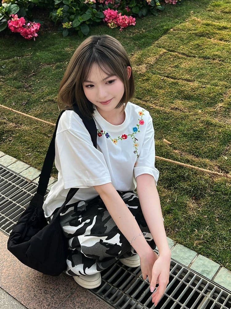 순면 240 그램 원본 자수 품질 업그레이드 새로운 레이스 디자인 루즈핏 반팔 여름 폭발 시간 아직도 느낌 상세 이미지 4