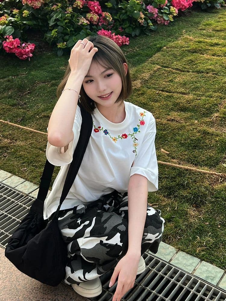 순면 240 그램 원본 자수 품질 업그레이드 새로운 레이스 디자인 루즈핏 반팔 여름 폭발 시간 아직도 느낌 상세 이미지 5