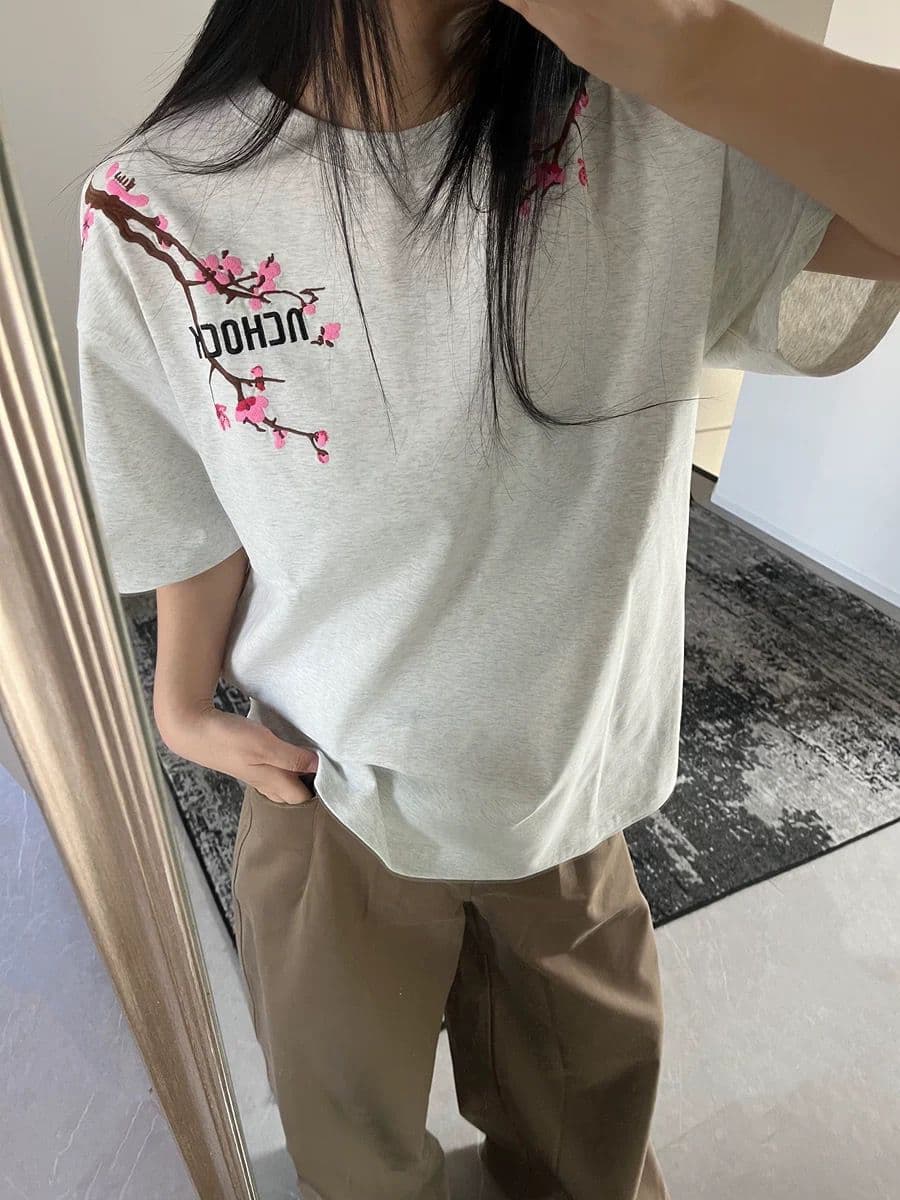 순면 240 그램 원본 자수 품질 업그레이드 아메리칸 디자인 화이트 회색 맨위 알파벳 꽃 반팔 티셔츠 상세 이미지 6