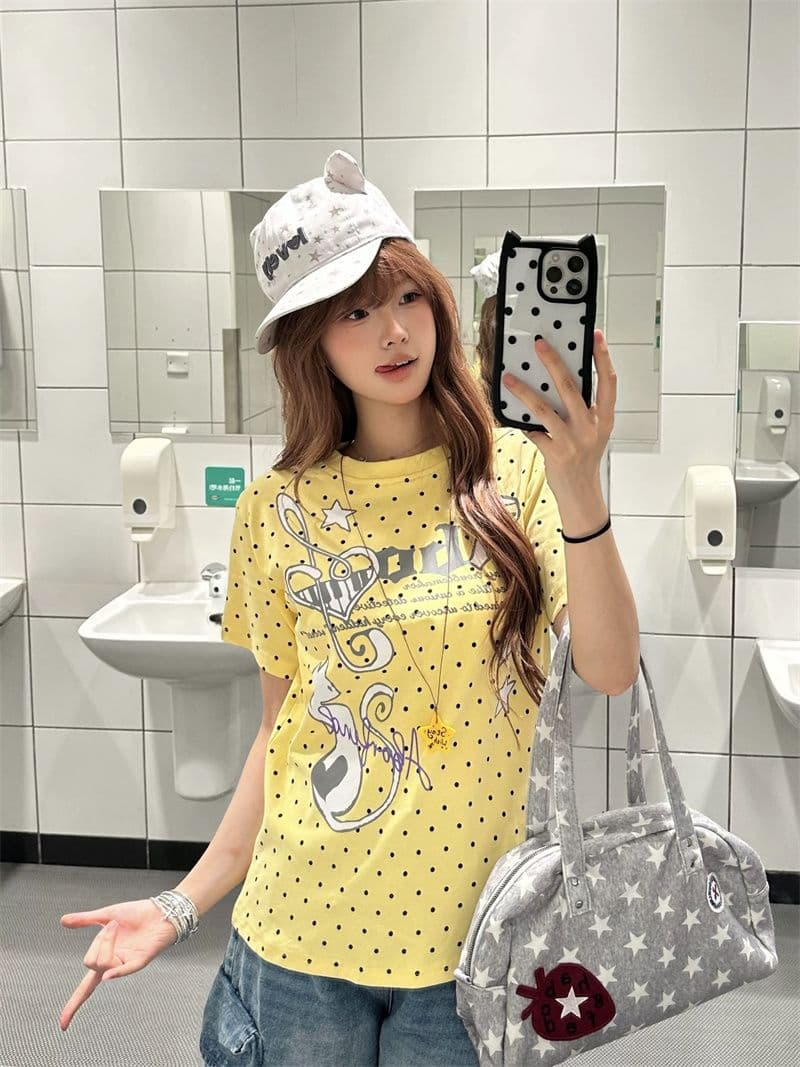 도트 무늬 원본 것 좋은 품질 솜씨 40 면 230 크 도파민 도트 무늬 알파벳 반팔 이미지 2