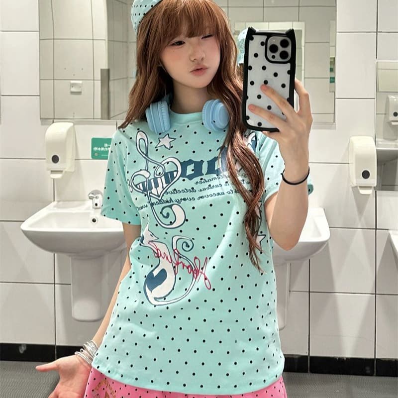 도트 무늬 원본 것 좋은 품질 솜씨 40 면 230 크 도파민 도트 무늬 알파벳 반팔 이미지 5