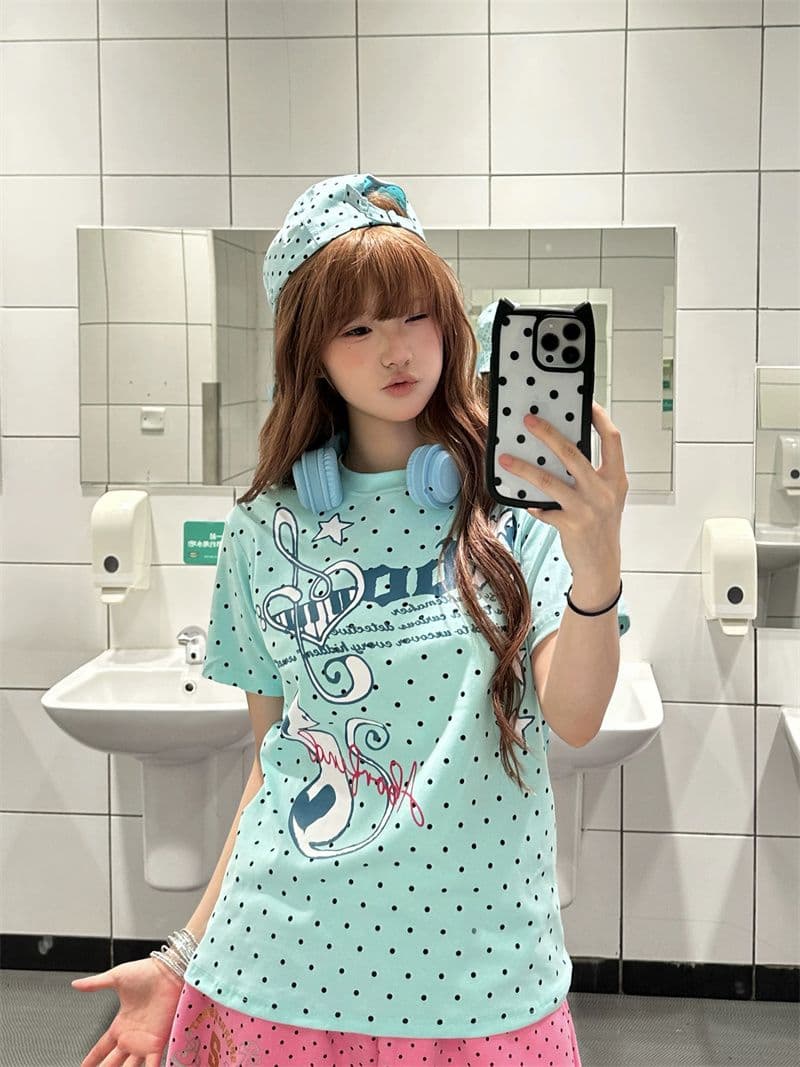 도트 무늬 원본 것 좋은 품질 솜씨 40 면 230 크 도파민 도트 무늬 알파벳 반팔 상세 이미지 6
