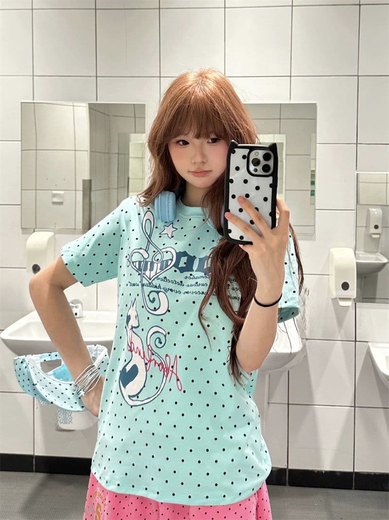 도트 무늬 원본 것 좋은 품질 솜씨 40 면 230 크 도파민 도트 무늬 알파벳 반팔 상세 이미지 7