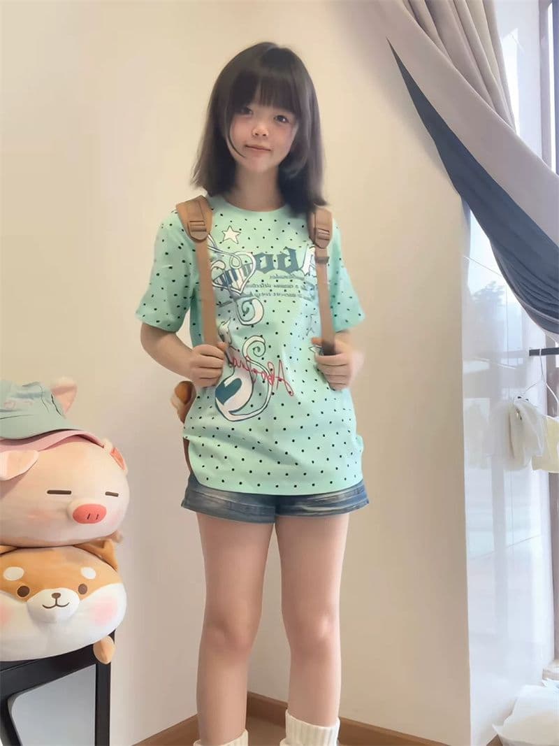 도트 무늬 원본 것 좋은 품질 솜씨 40 면 230 크 도파민 도트 무늬 알파벳 반팔