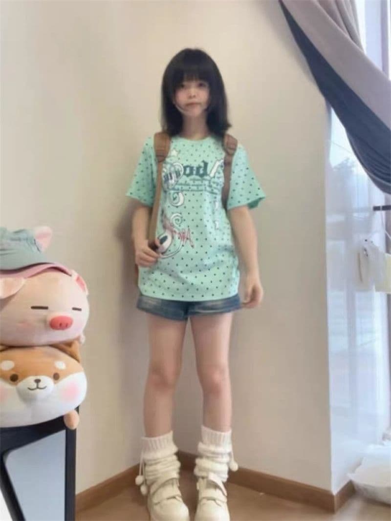도트 무늬 원본 것 좋은 품질 솜씨 40 면 230 크 도파민 도트 무늬 알파벳 반팔 이미지 2