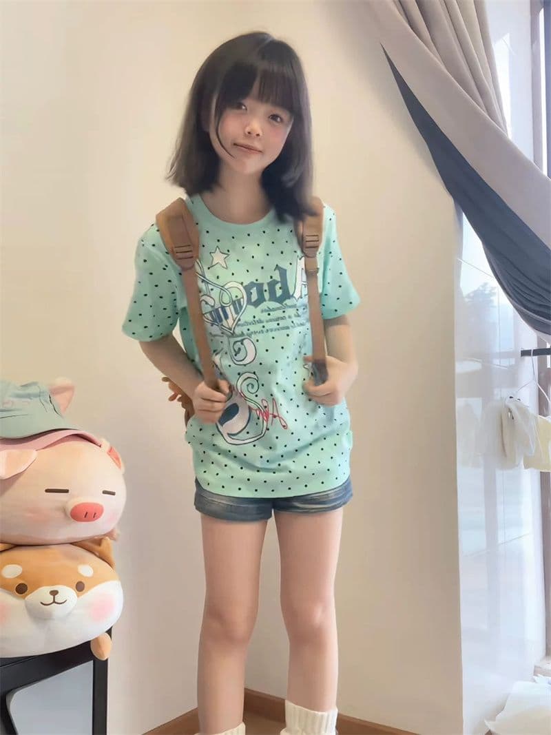 도트 무늬 원본 것 좋은 품질 솜씨 40 면 230 크 도파민 도트 무늬 알파벳 반팔 이미지 3