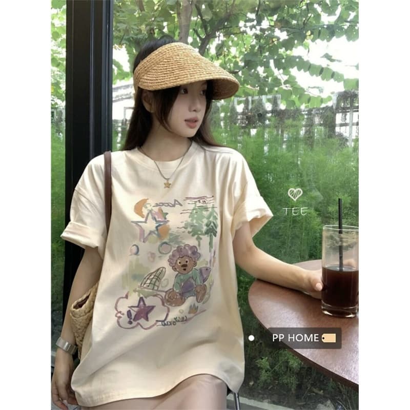 순면 빗질하다 닫기 220 그램 달콤함 귀여운 반팔 티셔츠 여성 루즈핏 다용도 재미있는 프린트 맨위