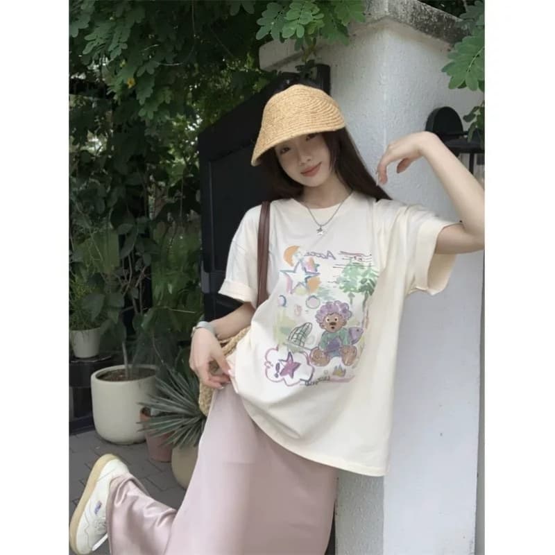 순면 빗질하다 닫기 220 그램 달콤함 귀여운 반팔 티셔츠 여성 루즈핏 다용도 재미있는 프린트 맨위 이미지 4